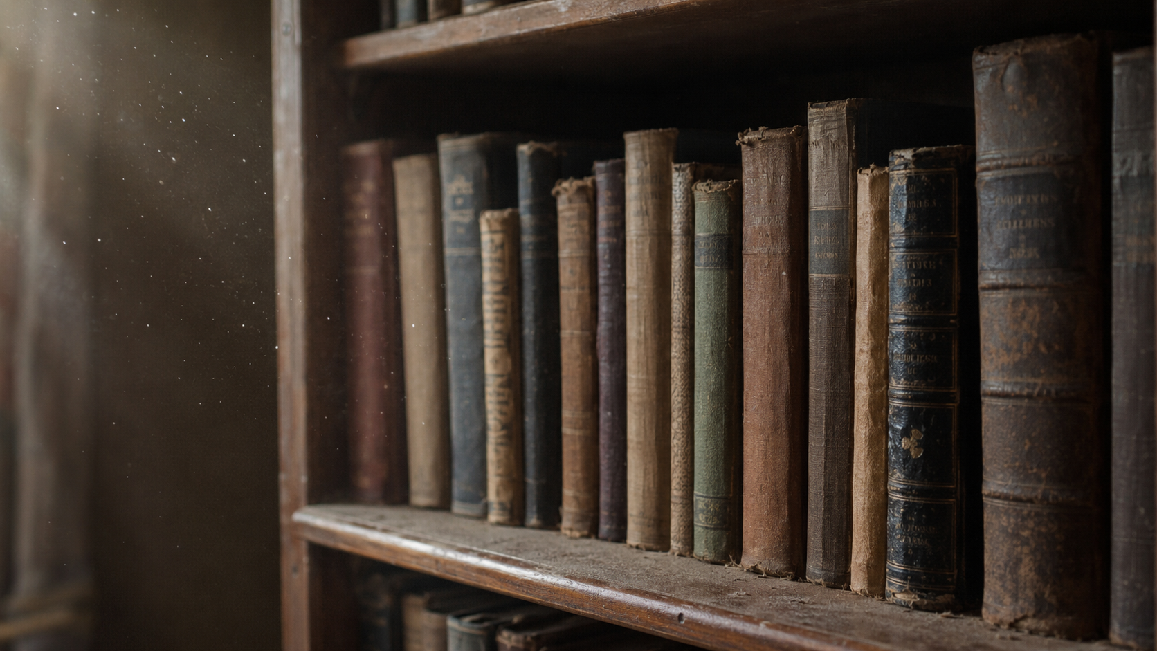 Photo-Realism Calibration for a Close-Up of Vintage Books, Wooden Shelves, and Sunlit Dust