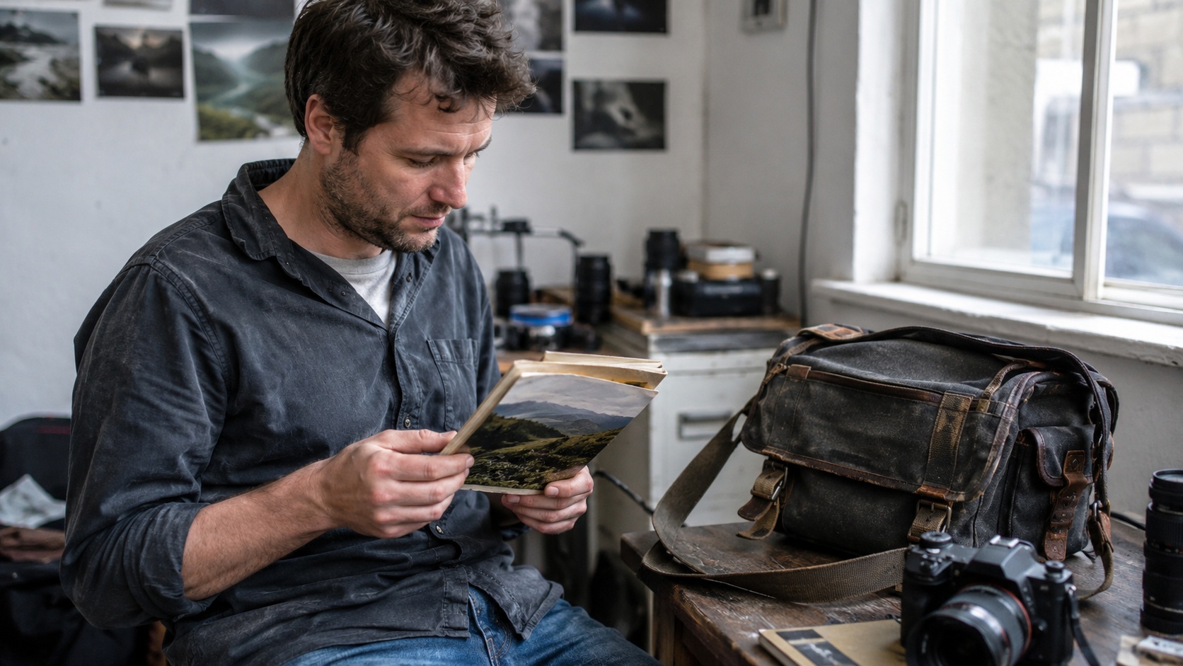 Camera-Grade Realism: How to Photograph a Photographer Holding a Printed Guidebook Beside a Camera Bag